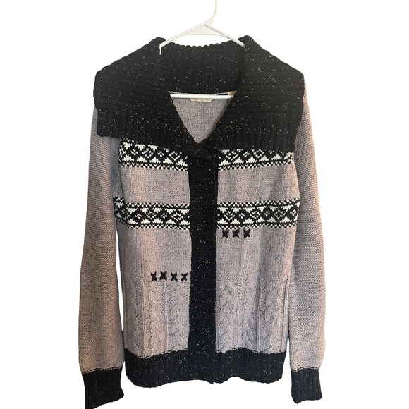 Natural Reflections Women's Gray Black Fair Isle Knit Cardigan Sweater Size L - Picture 1 of 10